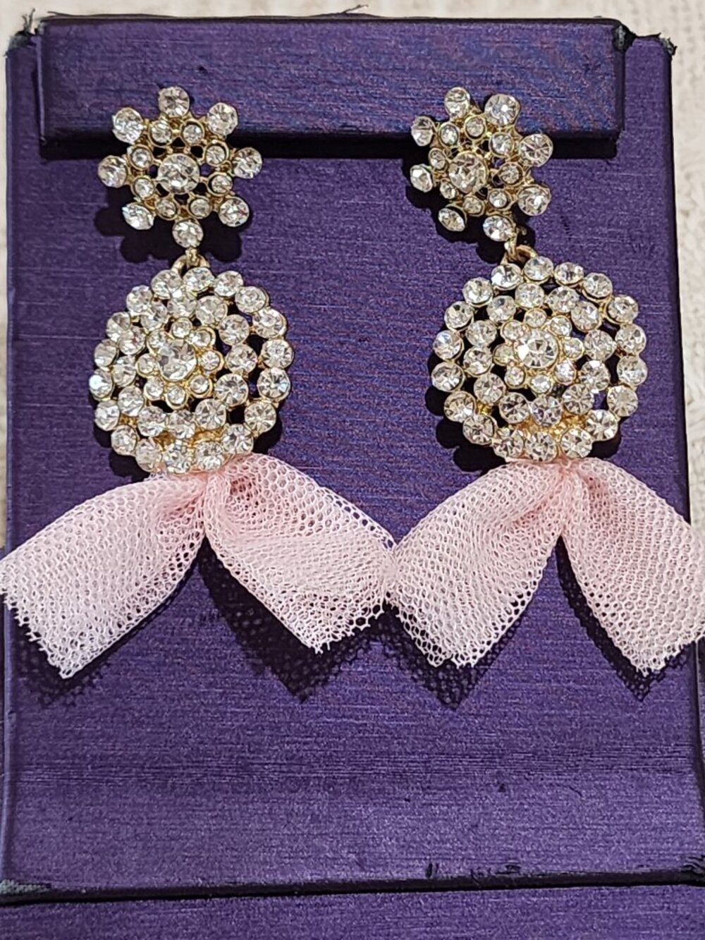 Party Glitz Pave' White Rhinestone Pink Bows Dangle Dressy Pierced Earrings